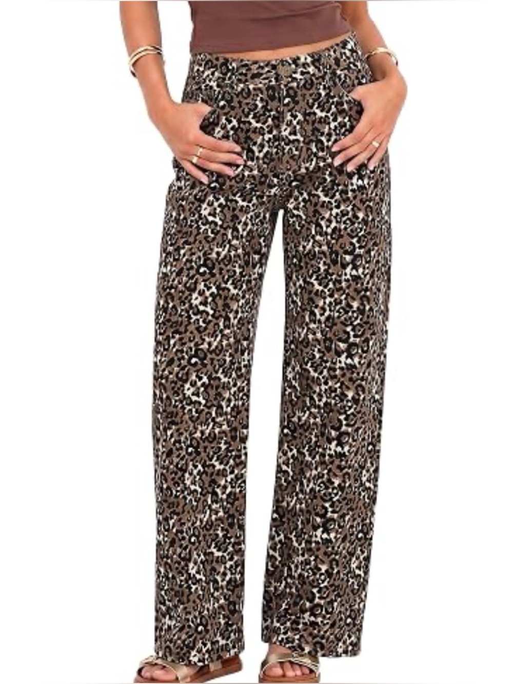 Leopard Print Wide-Leg Pants - Brown
